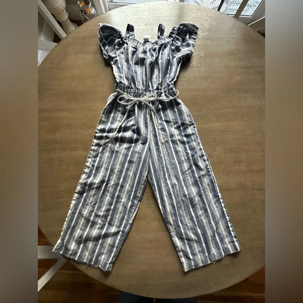 bebe girls m(10-12) Blue and White Striped Jumpsuit